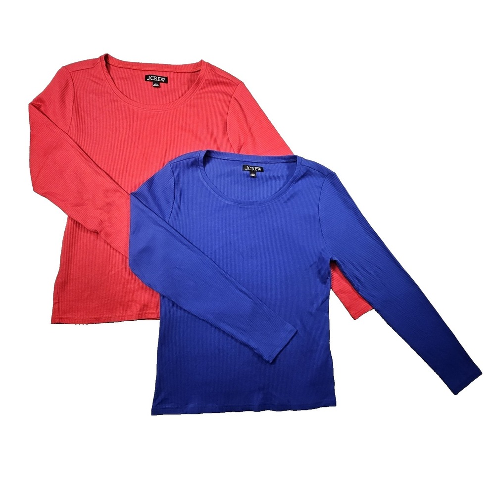 J Crew Long Sleeve Vintage Rib Tops Womens L Red Blue Lightweight 70s Stretch